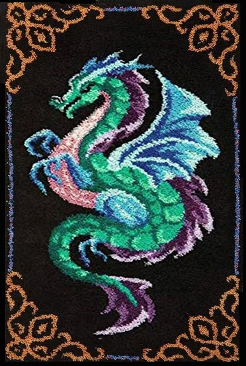 Dragon Latch Hook Rug Kits for Adult, DIY Rug Crochet Making Kits with Pre-Printed Canvas and Latch Hook Tool and Enough Yarn, 20x15in